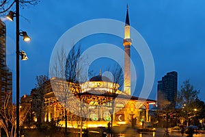 Ethem Bey Mosque at night on Skanderbeg Square. Tirana. Albania