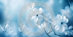 Etheral beautiful white flowers with blue background like artistic winter spring background