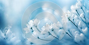 Etheral beautiful white flowers with blue background like artistic winter spring background