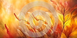 Etheral romantic autumn background with orange and yellow leaves