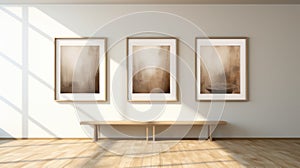 Ethereal Abstracts: Interior Room With Wooden Bench And Paintings