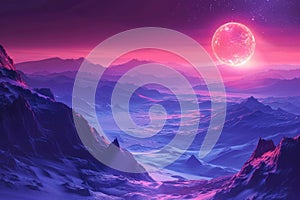 Ethereal Alien Planet Rising Over Mystical Snowy Mountain Landscape with Vivid Sky at Dusk, Fantasy Scenic Background for Creative