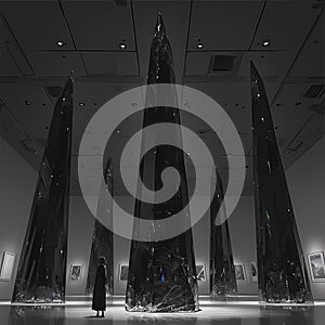 Ethereal Art Gallery with Obsidian Obelisks and Murals