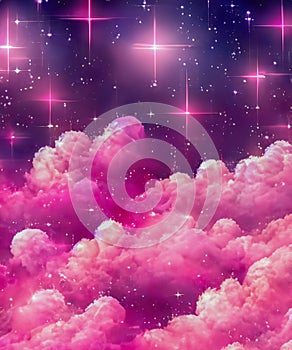 Ethereal background of formations of pink clouds and twinkling stars