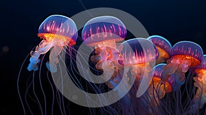ethereal beauty of Moon jellyfish as they gracefully glide through the water. dark background.