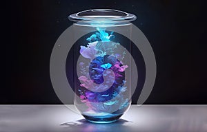 Ethereal bioluminescent glowing plants inside of transparent glass jar over black background