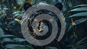 Ethereal black panther in lush jungle, golden eyes gleaming, cinematic wide angle photograph