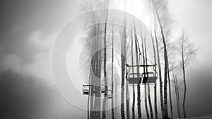 Ethereal Black And White Landscape: Moody Ski Lifts And Birch Trees