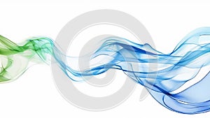 Ethereal blue and green smoke undulates in a smooth, flowing motion across a white background, creating a serene and