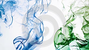 Ethereal blue and green smoke undulates in a smooth, flowing motion across a white background, creating a serene and