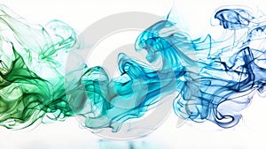 Ethereal blue and green smoke undulates in a smooth, flowing motion across a white background, creating a serene and