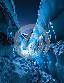 Ethereal Blue Light Inside a Glacier Cave at Night