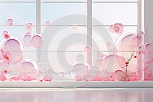 Ethereal Bubblegum Bubbles: Graceful Floating Art in a Minimalist Space