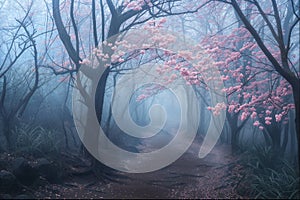 Ethereal Cherry Blossoms Shrouding Misty Forest Trail