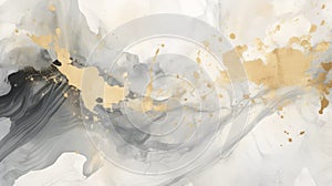 Ethereal Cloudscapes: Black And Gray Abstract Artwork With Gold Splash