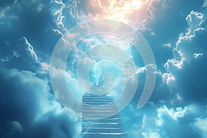 Ethereal connection Cloud stairway evokes spiritual transcendence and enlightenment