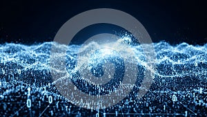 Ethereal Digital Landscape of Glowing Blue Particles and Binary Code