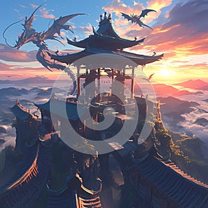 Ethereal Dragon Temple at Dusk