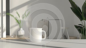 Ethereal Elation: A White Coffee Cup Perched Enchantingly on a Countertop. Generative AI.