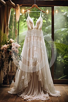 Ethereal Elegance: Delicate Lace Wedding Dress in a Bohemian Garden photo