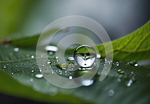 Ethereal Elegance: Unique Macro Droplet on Green Leaf