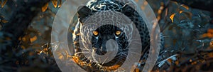 Ethereal encounter black jaguar stalking in enchanted forest, piercing gaze in nocturnal hunt