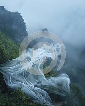 Ethereal fabric flowing through a misty mountain landscape