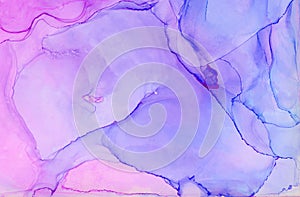 Ethereal fantasy light blue, pink and purple alcohol ink abstract background. Bright liquid watercolor paint splash texture effect
