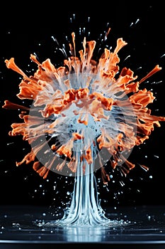 Ethereal Floral Burst of Water and Orange Paint on Black. AI generation