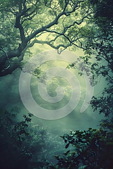 Ethereal forest in dreamscape misty morning. Generative AI Illustration.