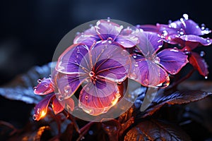 Ethereal glow, Neon lights encase leaves, forming a luminous and enchanting backdrop