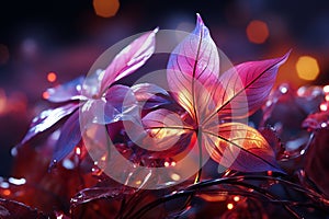 Ethereal glow, Neon lights encase leaves, forming a luminous and enchanting backdrop