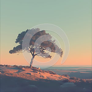 Ethereal Hilltop Tree, Dusk Serenity