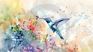 Ethereal Hummingbird Feeding on Surreal Watercolor Floral Cluster in Dreamlike Expressionist Landscape photo