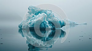 Ethereal iceberg on calm waters with foggy mountain backdrop.