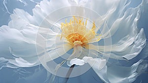 Ethereal Illustration: White Flower On Blue Water With Juxtaposition Of Hard And Soft Lines