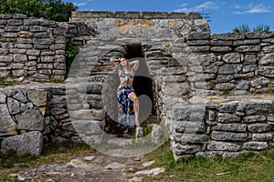 Ethereal Journey: A Young Beauty\'s Sojourn through Xcambo Mayan Ruins in Telchec, Yucatan, Amidst a Caribbean Oasis photo