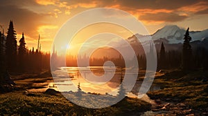 Ethereal Landscape Shot Capturing the Sun\'s Golden Hue Over Majestic Mountains and Serene Lakes