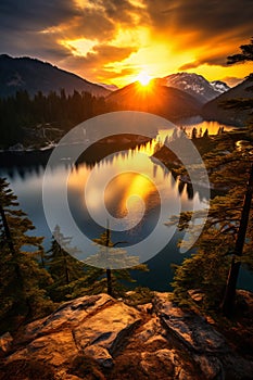 Ethereal Landscape Shot Capturing the Sun\'s Golden Hue Over Majestic Mountains and Serene Lakes