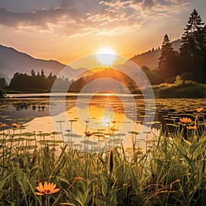 Ethereal Landscape Shot Capturing the Sun\'s Golden Hue Over Majestic Mountains and Serene Lakes