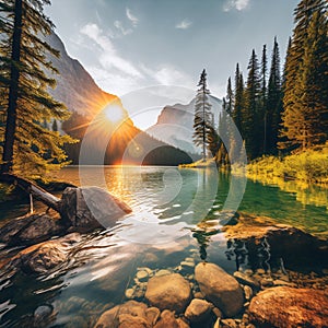 Ethereal Landscape Shot Capturing the Sun\'s Golden Hue Over Majestic Mountains and Serene Lakes