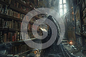 An ethereal or magical source of power is suggested by the abundance of spellbooks and magic in the ancient witch library