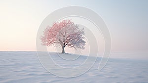 Ethereal Minimalism: Alpine White And Pink Tree In Snowy Landscape