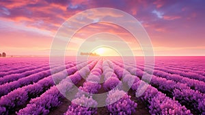 Ethereal Misty Sunrise over a Vast Lavender Field with a Sea of Purple Flowers