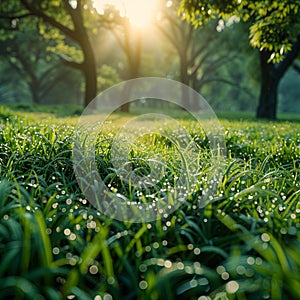Ethereal morning Dew kissed sunrise illuminates a vibrant green meadow