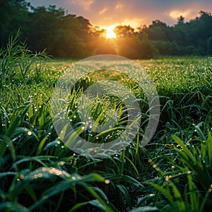 Ethereal morning Dew kissed sunrise illuminates a vibrant green meadow