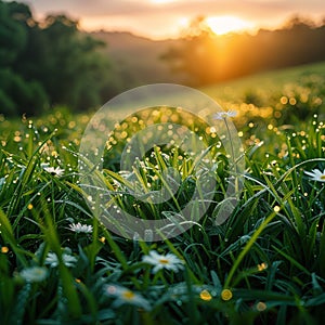 Ethereal morning Dew kissed sunrise illuminates a vibrant green meadow