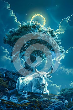 Ethereal Night Scene with Majestic White Bull Under a Luminous Halo by a Mystical Tree