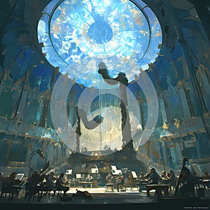 Ethereal Orchestra Performance Amidst a Stunning Cathedral Atrium