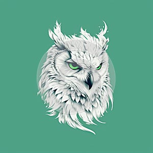 Ethereal Owl Illustration: Minimalistic Green And White Head With Green Eyes